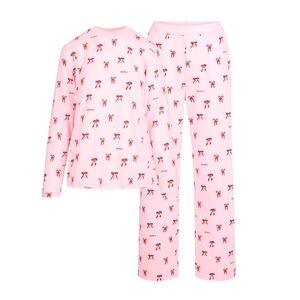 SKIMS Pink Pajama Set with Red Bow Pattern